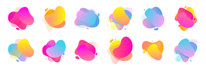 Color gradient blend splash in abstract shape pattern, vector halftone backgrounds. Color blend gradient of liquid fluid splash forms and trendy minimal design elements