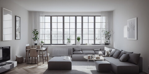 Obraz na płótnie Canvas Stylish scandinavian composition of living room with design armchair, mock up poster frame, personal accessories in modern home decor. Generative AI.