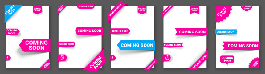 Coming soon banners, label tags, signs and stickers with corners, vector set. Coming soon ribbons and labels for new product arrival or store promotion