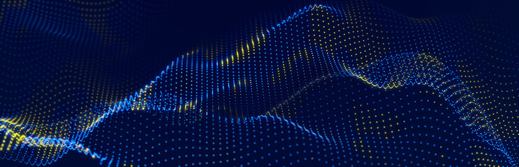 Wave of streaming particles on a light blue background. Abstract background with dynamic elements of waves and dots. 3d