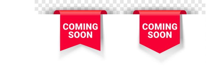 Coming soon banner sign or label tag for new open, vector announcement ribbon. Coming soon icon for product release, store or shop opening announce