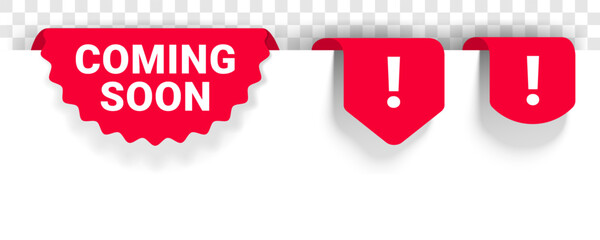 Coming soon, announce promo banner or new opening icons, vector under maintenance signs. Coming soon bookmark ribbons for web page or website maintenance announcement
