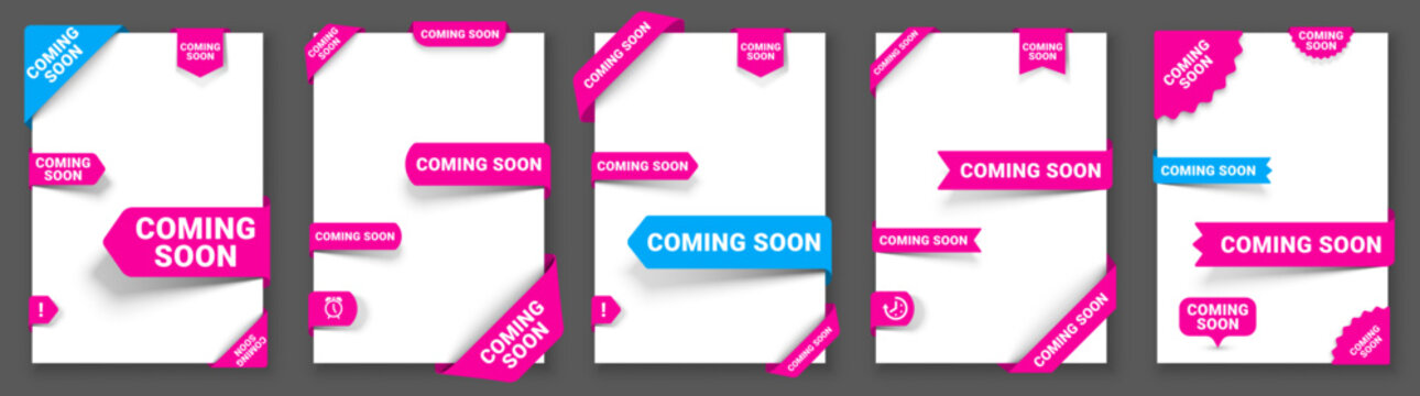 Coming Soon Banners, Label Tags, Signs And Stickers With Corners, Vector Set. Coming Soon Ribbons And Labels For New Product Arrival Or Store Promotion