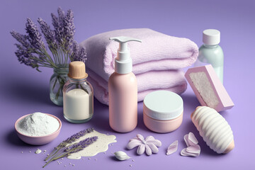 Fototapeta na wymiar lavender cosmetic and bath products beauty skin care treatment illustration Generative AI