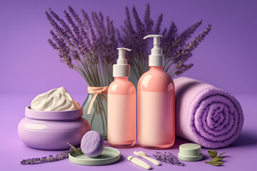 Obraz na płótnie Canvas lavender cosmetic and bath products beauty skin care treatment illustration Generative AI
