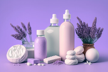 Obraz na płótnie Canvas lavender cosmetic and bath products beauty skin care treatment illustration Generative AI