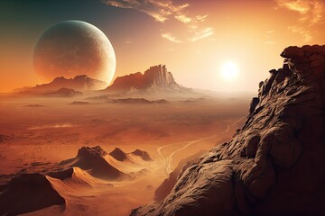 Sunset over Mars, Mars panorama, alien landscape, planetary panoramic, Mars at dusk. Generative AI