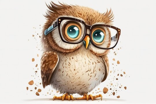 (Athene noctua) Small Owl with Glasses, Against a White Background. Generative AI