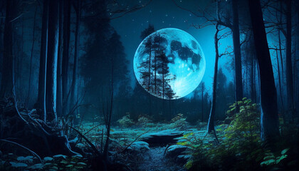 The moon rises in the clear sky one summer night outdoors among the vegetation of the forest. Ai generated.