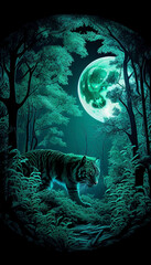 A tiger is hunting in the jungle on a full moon night. Ai generated.