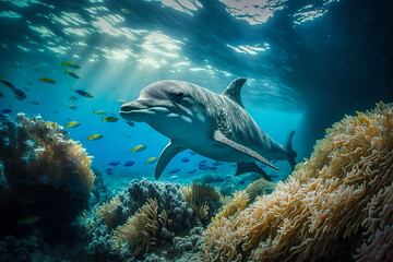 Fototapeta na wymiar dolphin among coral reefs in blue clear ocean water. illustration Generative AI