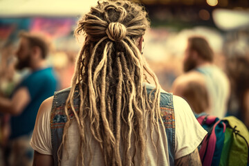 Fototapeta na wymiar hippie man with dreadlocks in festival back view. illustration Generative AI