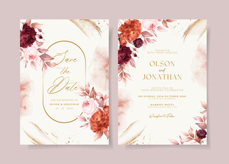Watercolor wedding invitation template set with burgundy rust dried floral and leaves decoration
