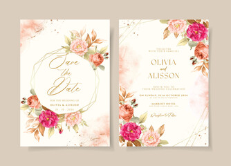 Watercolor wedding invitation template set with romantic red peach floral and leaves decoration