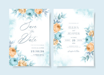 Watercolor wedding invitation template set with blue orange floral and leaves decoration