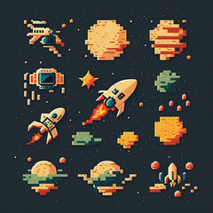 Naklejka premium Pixel art assets space ,16 bits, 8 bits, Retro, vintage.
