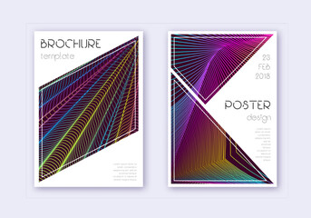 Triangle cover design template set. Rainbow abstract lines on wine red background. Imaginative cover design. Pretty catalog, poster, book template etc.