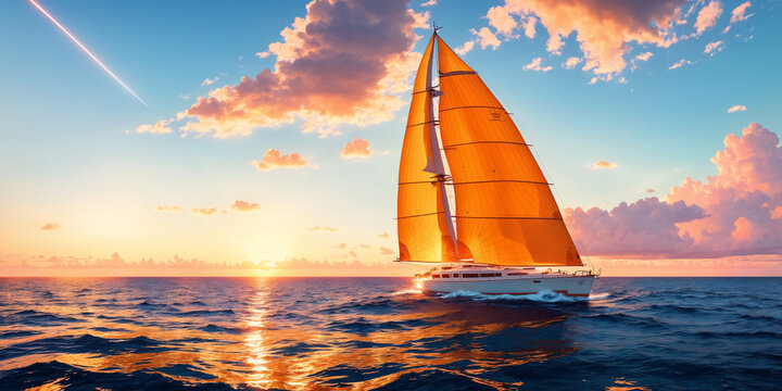 Beautiful luxury sail yachts in the open sea in warm light of sunset. Golden hour. AI generative