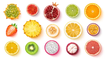 Poster Fruits and berries isolated on white background, top view, flat lay © xamtiw