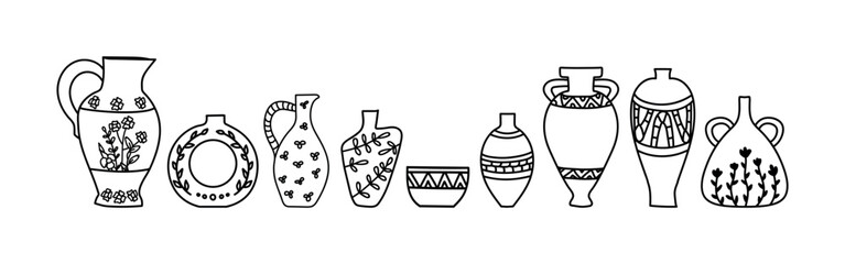 Set of ceramics.Vector illustration in doodle style. Isolated on a white background.