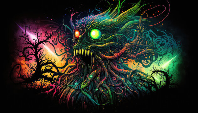 A haunting and psychedelic depiction of Cthulhu and the Colors Out of Space, with eerie and absurd elements, set in a coatl-colored fog - a cinematic horrorpunk wallpaper background