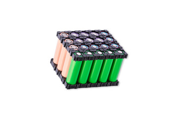 Lithium battery pack in black plastic holder on white background.