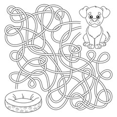 Labyrinth game for children. Maze puzzle for preschool and school kids. Help cute puppy find the right path to dog bed. Coloring page outline of cartoon dog. Vector illustration on white background.