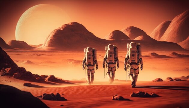 Astronauts on Mars, spacemen walking on red planet, generative AI.