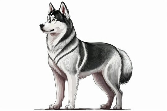 Cartoon of a husky dog from Siberia, drawn on a white backdrop. Generative AI