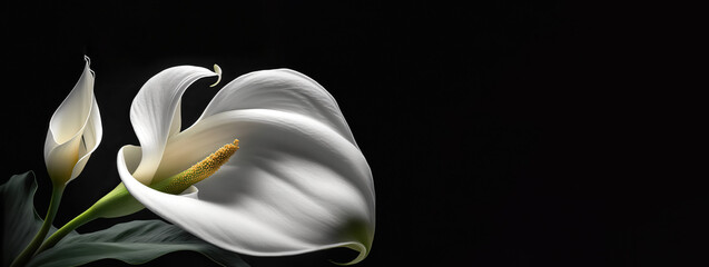White calla lily flowers on black background, death lily flower condolence card, funeral concept image. digital ai art
 - obrazy, fototapety, plakaty