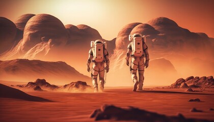 Astronauts on Mars, spacemen walking on red planet, generative AI.