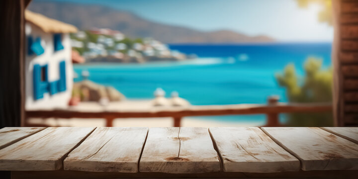 Empty wooden table top with a blur view of the coastline of a gorgeous Greek island. vacation concept. to mount your product. digital art