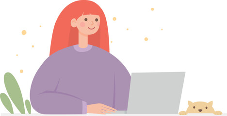 Young smiling woman working at table on laptop. Female in hoodie at workplace with cat. Sleep, ear, repeat. Scene of freelance or office job. Flat vector cartoon illustration isolated white background