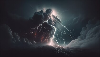 Lightning strikes on the water surface, atmospheric background, dark landscape