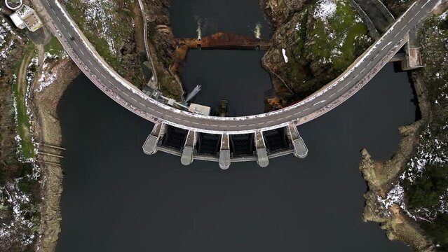 Panoramic drone view of The Grangent dam on the Loire river. Built between 1955 and 1957. Is located downstream of Aurec sur Loire in the surroundings of Saint-Etienne.