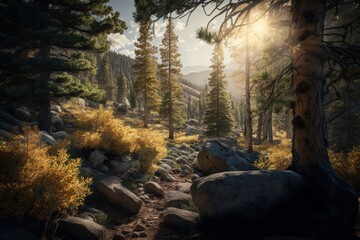 Scenic View of Sunlit Colorado Rocky Mountain Forest, generative ai