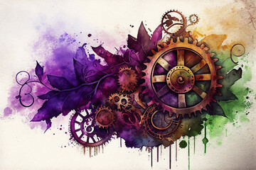 A steampunk and Victorian-style painting of gears, cogs, leaves, and paint swatches