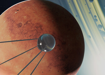 Satellite 1 near the Mars planet of solar system in outer space. 3D rendered illustration. Elements of this image where furnished by NASA.