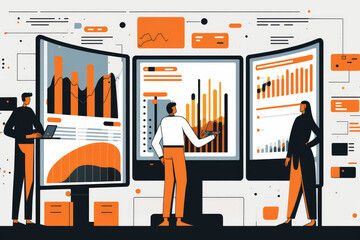 team of business people analyzing data on computer screens, generative ai
