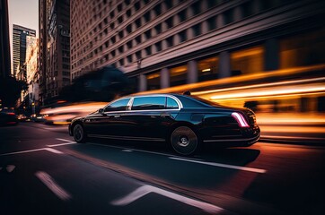 Stretch Limo At Sunset Racing By Tall Buildings Generative AI - obrazy, fototapety, plakaty