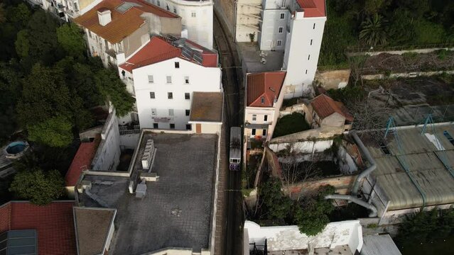 Aerial drone view of Lavra furnicular in Lisbon, Portugal