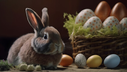 Fototapeta na wymiar Easter eggs with bunny. Spring rabbit still life card background. 