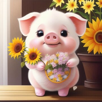 a painting of a cute pig character holding a bouquet of flowers, ai generated