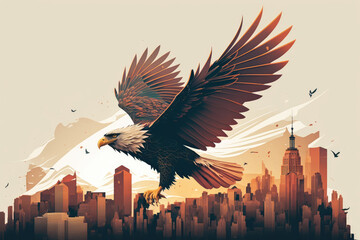 Obraz premium Eagle Soaring Above a City Skyline, Symbolizing Leadership, Vision, and Success, generative ai