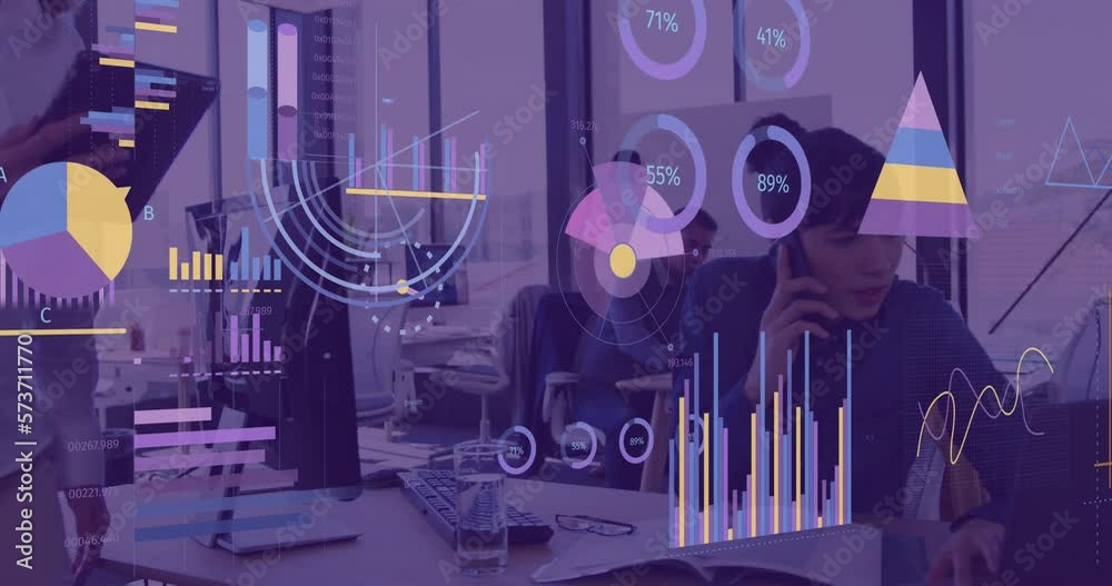 Sticker Animation of financial data processing over biracial businesswoman in office