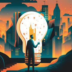 confident businessman holds a lightbulb with a holographic city in his hand, generative ai