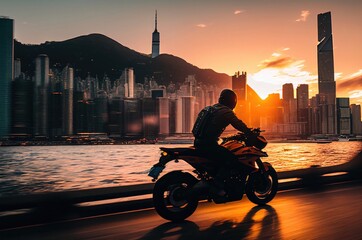 Motorcycle Cruising By The Ocean At Sunset Generative AI