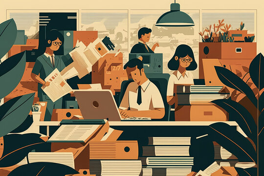 Busy office workers at their desks, surrounded by papers and office supplies, generative ai