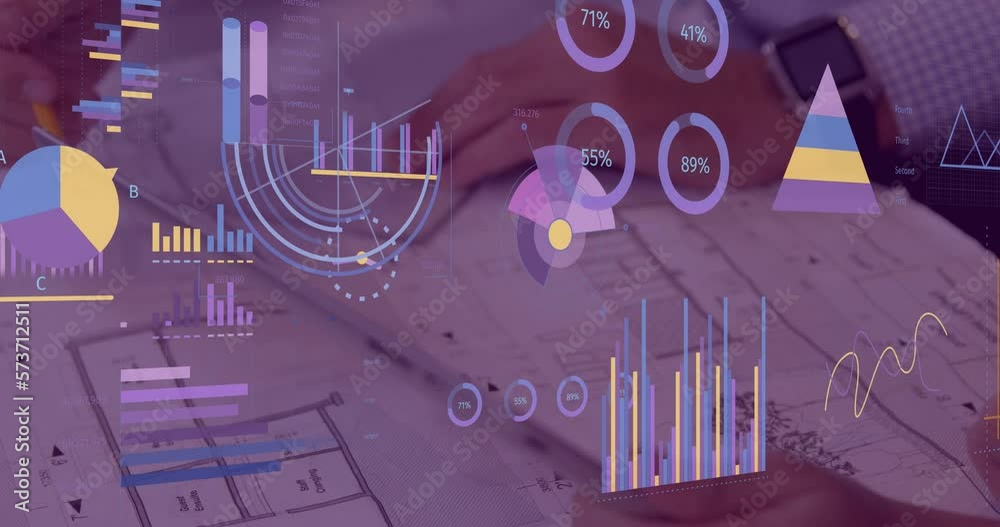Poster animation of statistics and financial data processing over caucasian man using tablet