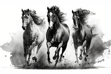 Black and white wild running horses Illustrated using generative AI